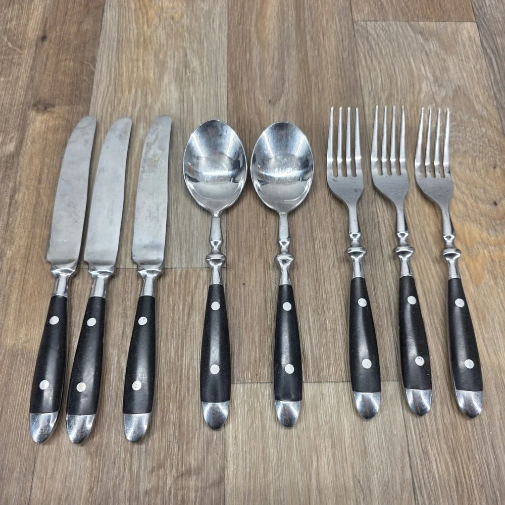 Vtg 8 Pc Stainless Steel Flatware Set Black Rivet Handles Knives Forks Spoons
